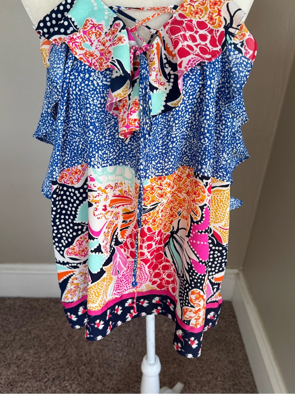 NY Collection Multi-Color Printed Ruffle Tank Top - Picture 4 of 9
